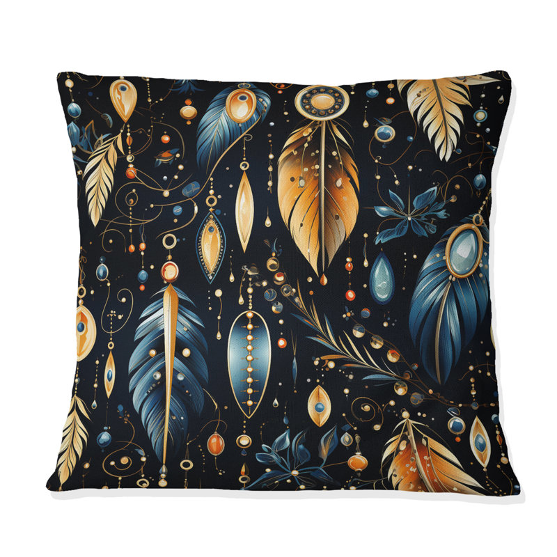 Blue Boho Chic Feathers Charms - Coussin décoratif imprimé Boho, H 18 po x l 18 po