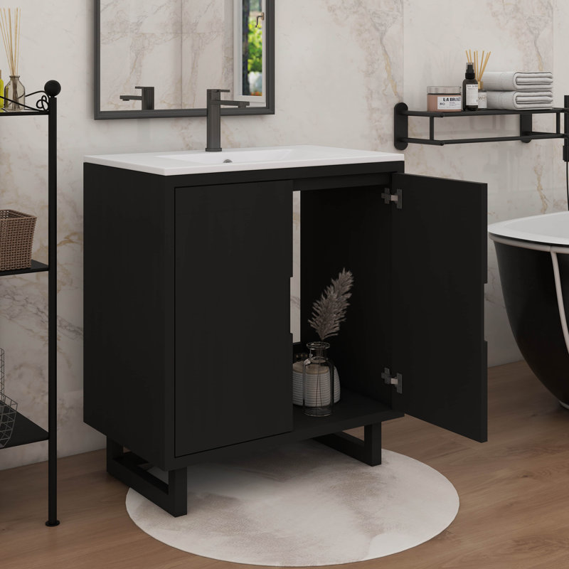 Ensemble de meuble-lavabo contemporain de 30 pouces avec lavabo et armoire de rangement, Noir