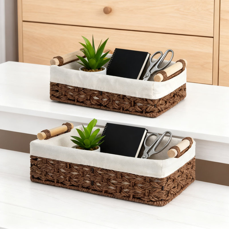 Woven Storage Baskets With Removable Natural Fiber Liner, Handwoven Organizing Baskets For Bathroom Countertop, Toilet Tank, Living Room, Desk, And Tabletop, Set Of 2