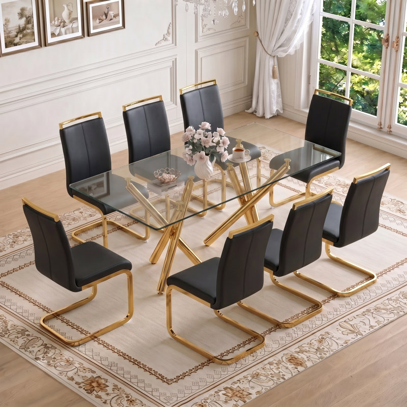 Ensemble de salle à manger rectangulaire moderne en verre avec cadre géométrique et chaises en porte-à-faux, Transparent