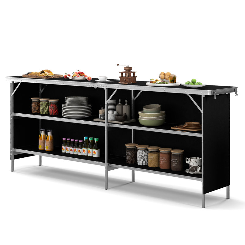 Table de bar pliante portative avec tablettes en aluminium à 2 niveaux, Noir