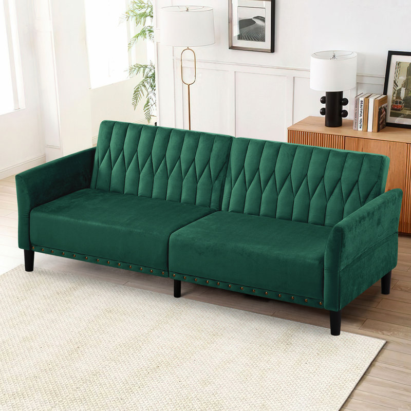Wallasse 78'' Velvet Reclining Sleeper Sofa, Green