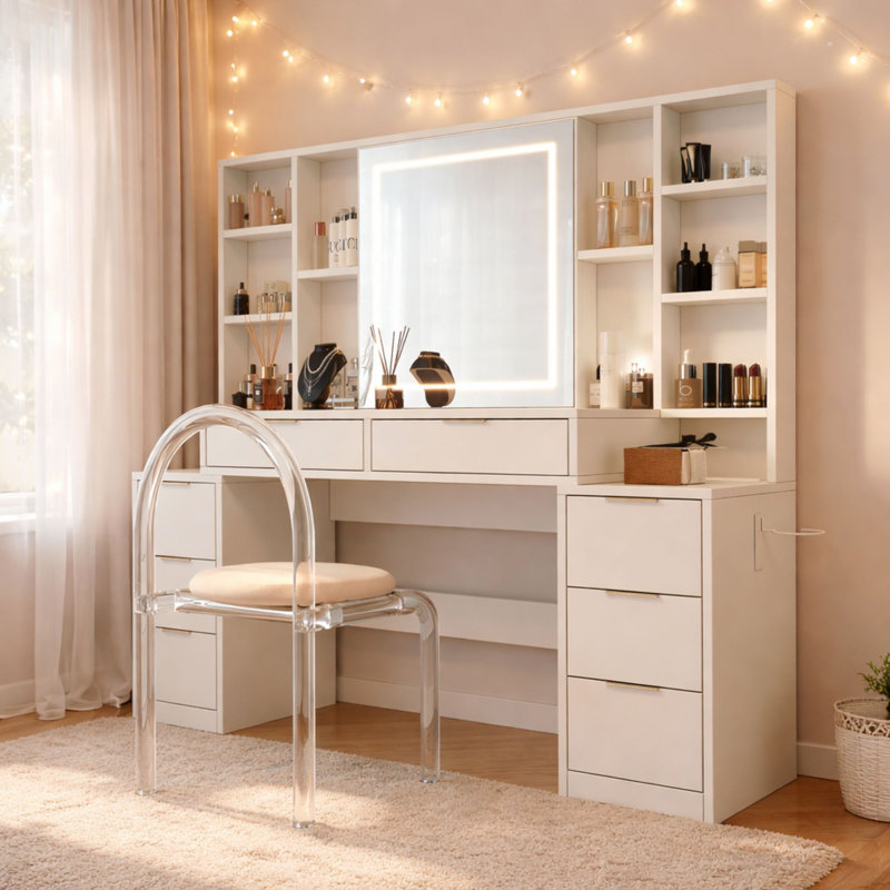 59"W Oversized Makeup Vanity Desk with Mirror and Lights, Vanity Table with 8 Drawers & Open Storage Shelves, Brightness Adjustable