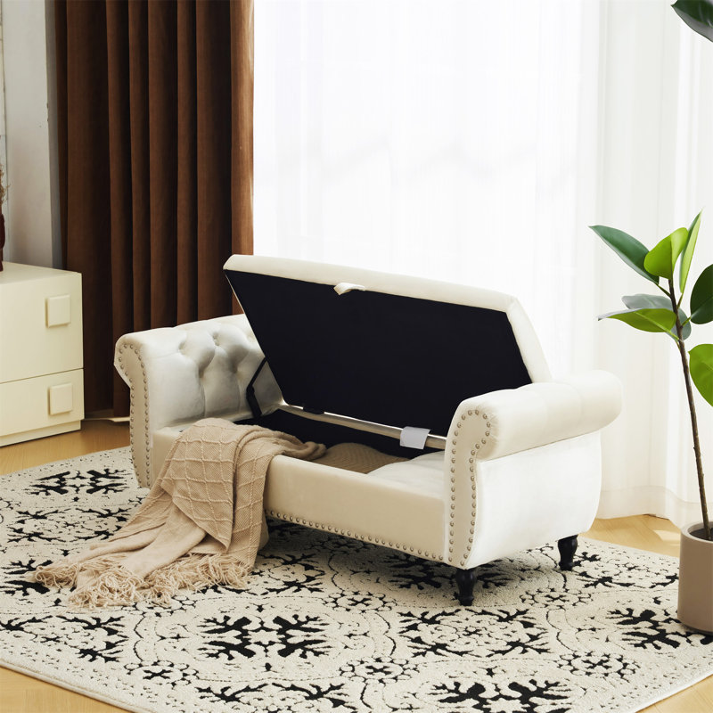 Banc repose-pieds rectangulaire en velours avec rangement et 1 coussin décoratif, Beige