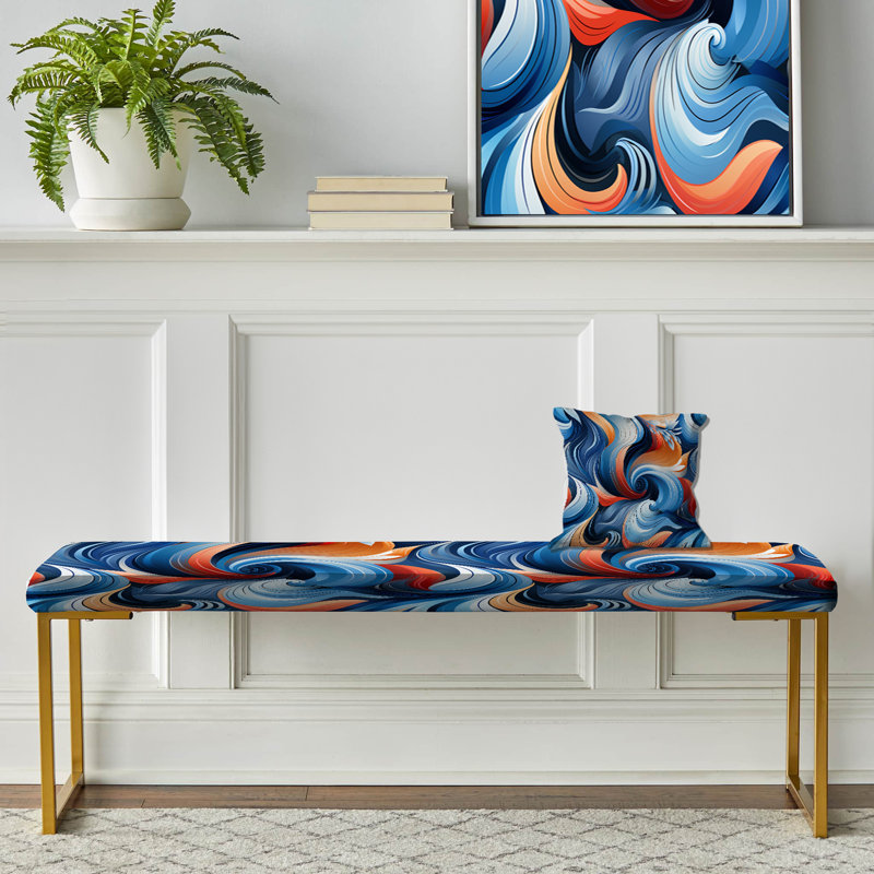 Blue and Orange Enchanted Waves Harmony - Banc rembourré géométrique doré