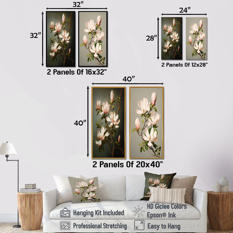 Magnolias méditation - Magnolias Wall Art salon ensemble de 2, H 28 po x l 25 po, Toile tendue
