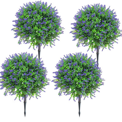 27.1 Inches Tall Artificial Plants Outdoor Indoor Lavender Topiary Ball Trees with Ground Spike UV Resistant Potted Fake Plants 4 Pack Artificial Flower Brush for Porch Home Garden  Lavender
