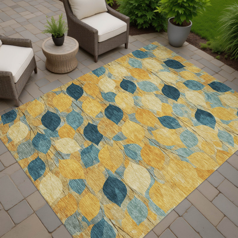 Machine Washable Indoor/Outdoor Chantille ACN2444 Floral Rug, Gold, 3' x 5'