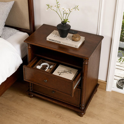 Nightstand with Charging Station, 2 Drawers and Solid Wood Legs