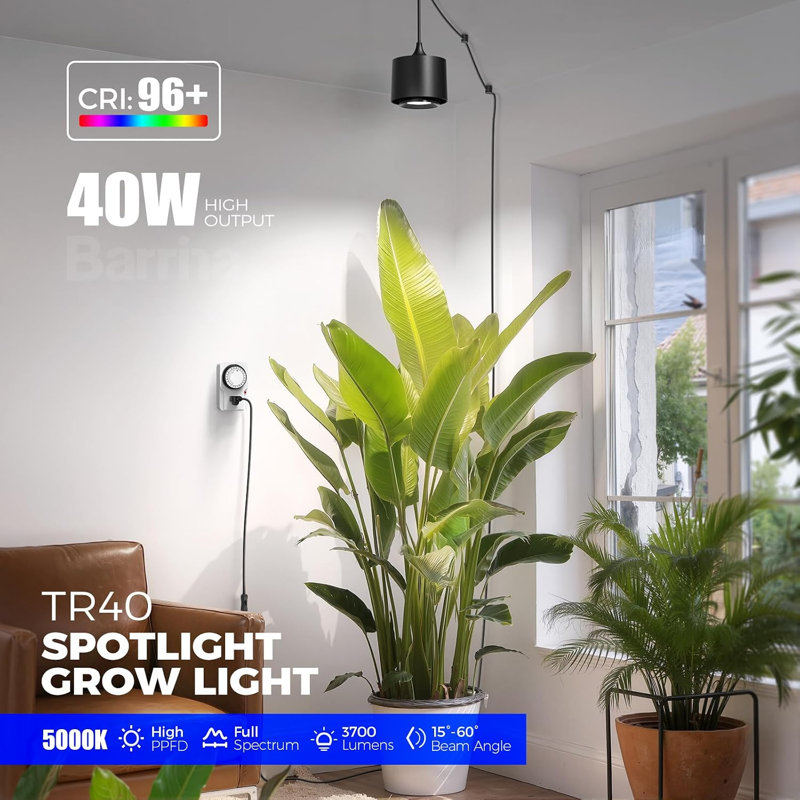 Éclairage de culture suspendu Barrina Tr40 pour plantes d'intérieur, 40w 5000k à spectre complet, angle de faisceau réglable (15 ° -60 °), Ppfd élevé, projecteur de culture avec minuterie pour la culture en intérieur, grande plante haute, fleurs