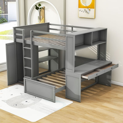 Hockaday Full Over Twin Size Wood Bunk Bed with Shelves,Desk and Wardrobe -  Harriet Bee, B9A93EF00F094D53B03F06583F1D0366
