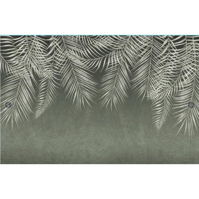 White Silver Palm Leaf Hanging Wall Mural Dark Sage Green Botanical Panoramic Large Format Minimalist Accent Wall Art