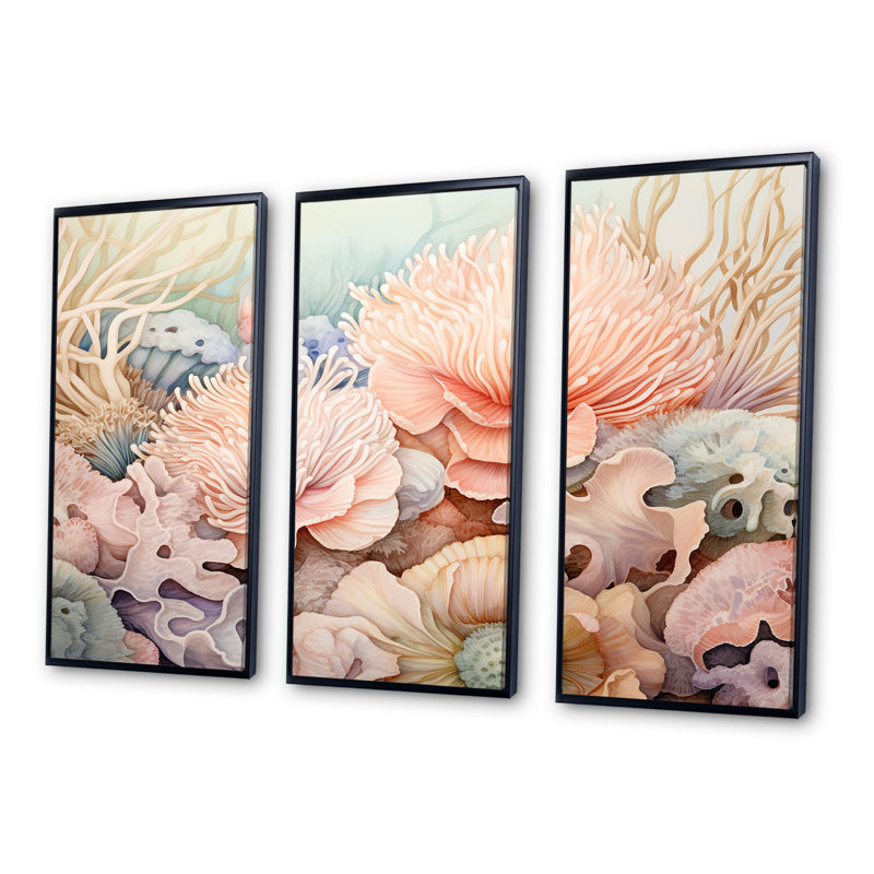 Ensemble de décorations murales Sea Anemone Pastel Elegant I - Coastal Coral Under Water, Cadre flottant noir