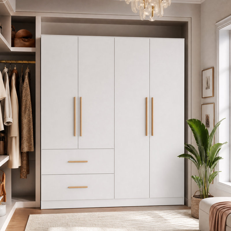 63" Wide White Wooden Wardrobe with 2 Drawers