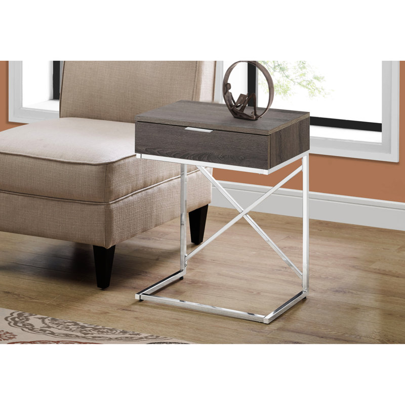 Élégante table de bout avec stratifié taupe foncé et un grand tiroir aux accents rectangulaires argentés polyvalents