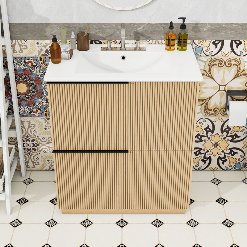 Meuble-lavabo compact avec lavabo en céramique, 2 tiroirs et conception cannelée, Naturel