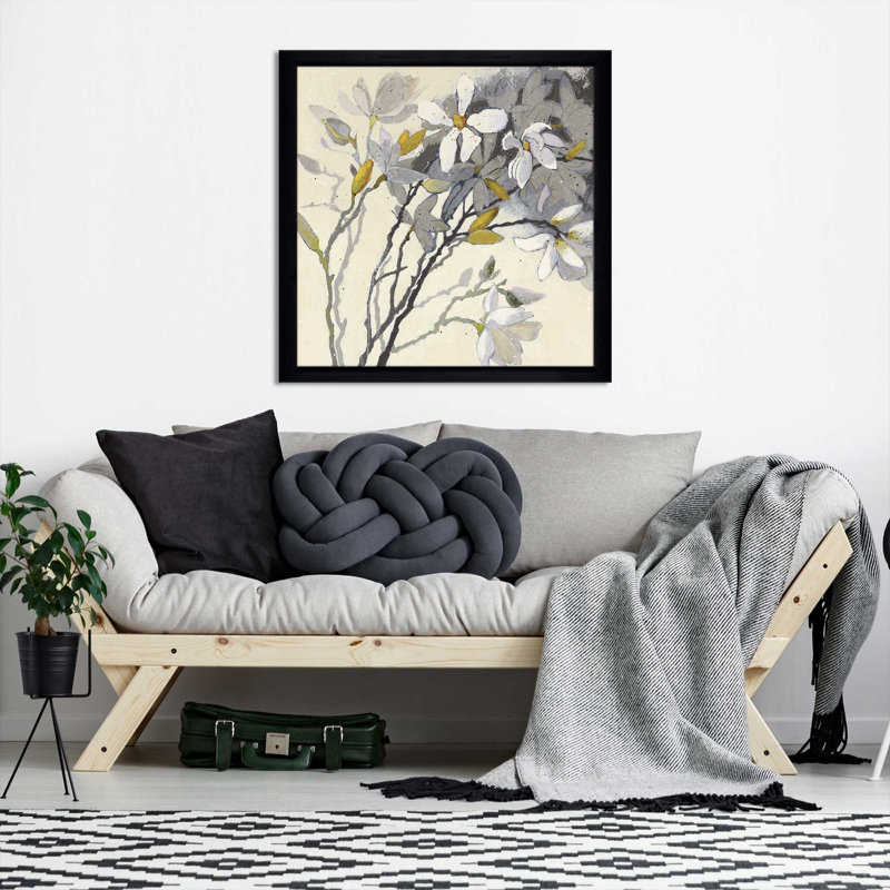 Magnolias jaune gris - peinture, Cadre noir, H 25,5 po x l 25,5 po x P 1 po