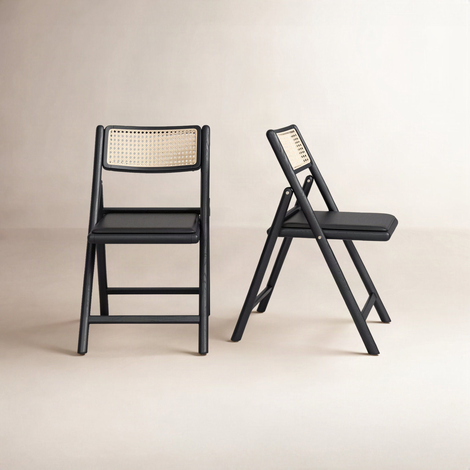Letta Cane Folding Chair, Black/Natural