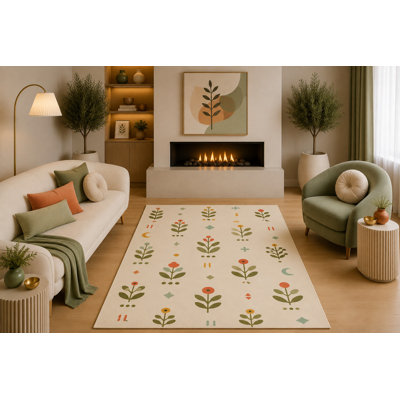 Tapis scandinave botanique ultra-léger 152 x 213 cm, motif floral folk vert et orange, crème, idéal pour salon, chambre, salle à manger, chambre d'enfant. Dos en silicone antidérapant, poils courts.