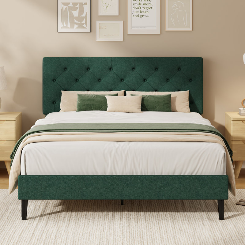Bed Frames with Button Tufted Headboard, Linen Upholstered Bed with Wooden Slats Support, 135x190, Green