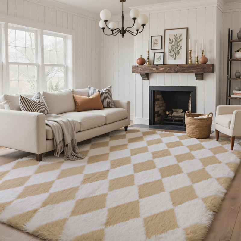 Tapis beige à poils longs lavable à la machine, Rectangle 6 pi x 9 pi