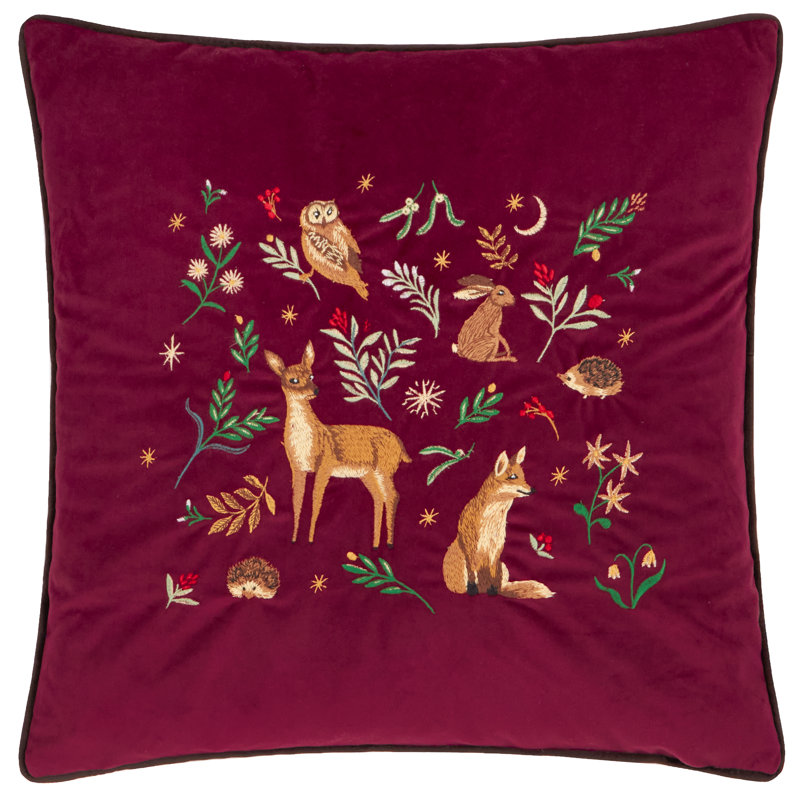 Berry Woods  Embroidered Velvet Cushion Cover, Red