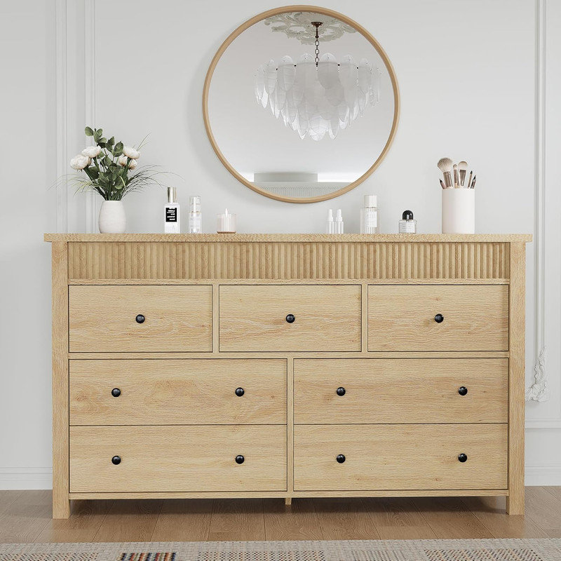 7 Drawer Dresser with Fluted Design, Wooden Chest of Drawers & TV Stand for Bedroom