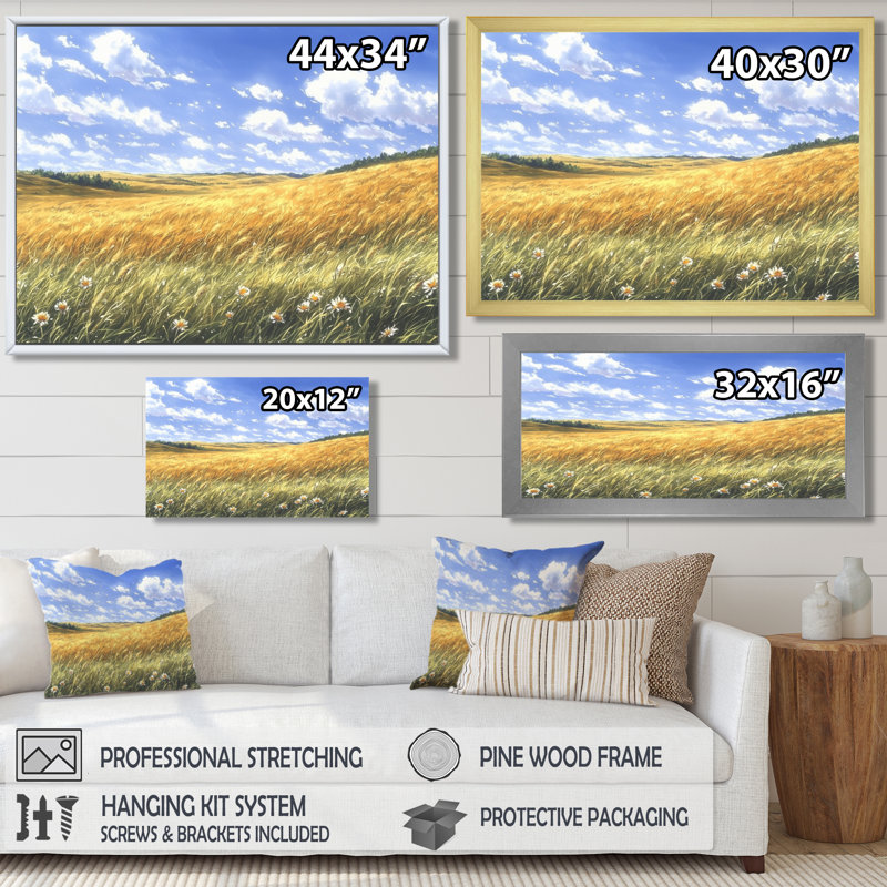 «Meadow Golden Fields Of Corn III», art mural sur toile prairie, H 24 po x l 32 po, Cadre flottant, Crème, crème