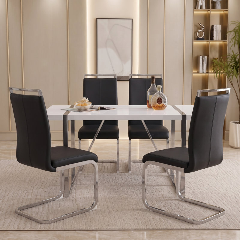 5-Piece Modern Glam Rectangular Dining Set with Faux Leather Chairs, Black, 5