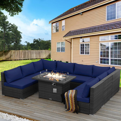 Alcalde 9 Piece Patio Sectional Sofa Set with Thickened Cushions, Outdoor Wicker Furniture Set with Gas/Propane Fire Pit Table