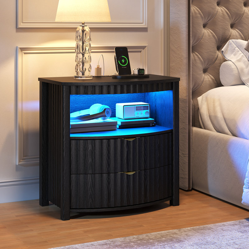 Fluted Curved Bedside Table with Human Sensor Light, Charging Station, Black