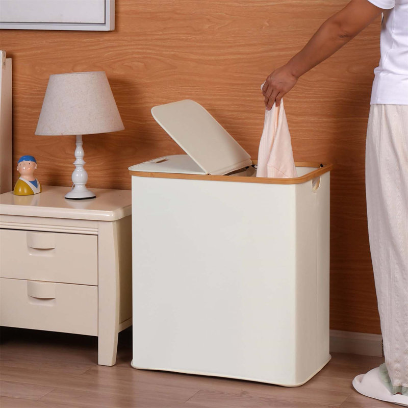 Bhargava Laundry Hamper with Handles, Beige, Fabric/Bamboo, 65 x 57 x 37