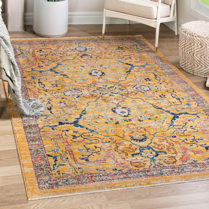 Tapis jaune / bleu / rouge Indigo, Rectangle 7 pi 10 po x 11 pi