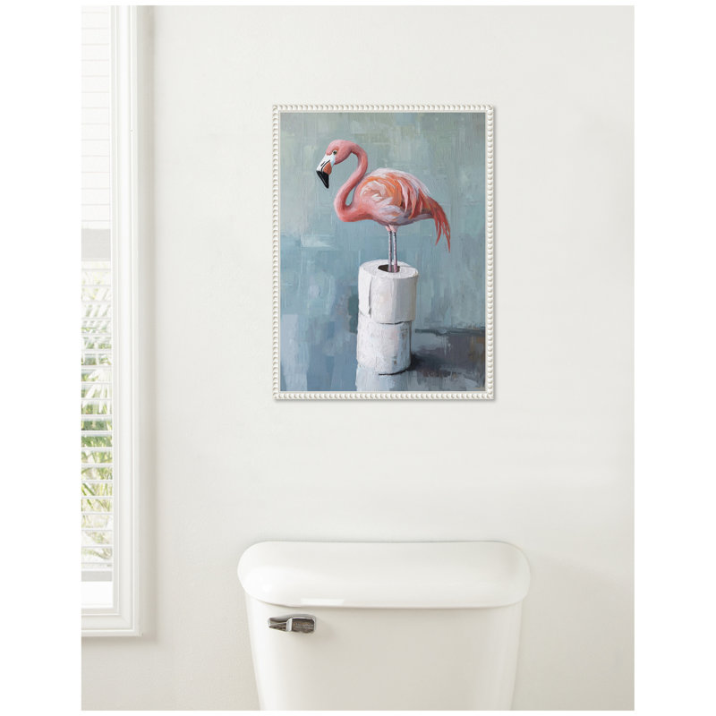 Flamingo Standing with Toilet Paper Rolls Bathroom Art by Drumheller Framed Canvas Wall Art Print