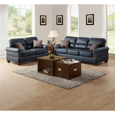Black Bonded Leather 2Pc Sofa Set Sofa And Loveseat Living Room Furniture