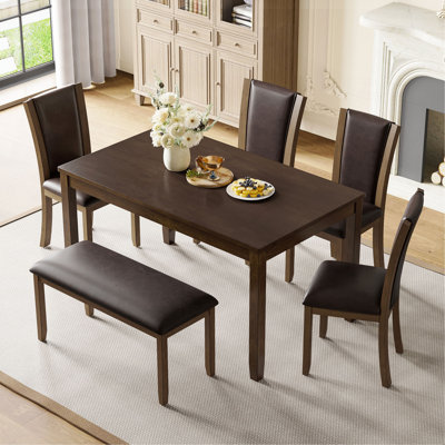 6-Piece Dining Table Set With Bench And Chairs, Wooden Dining Table Set For 6 People, Farmhouse Rustic Style 6 Person Dining Table Set For Dining Room