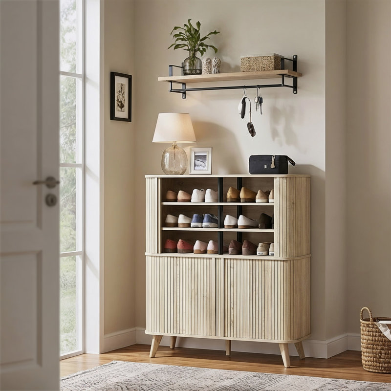 Armoire à chaussures Aurel Mid-Century 24 paires avec portes coulissantes cannelées, Bois de chêne / beige