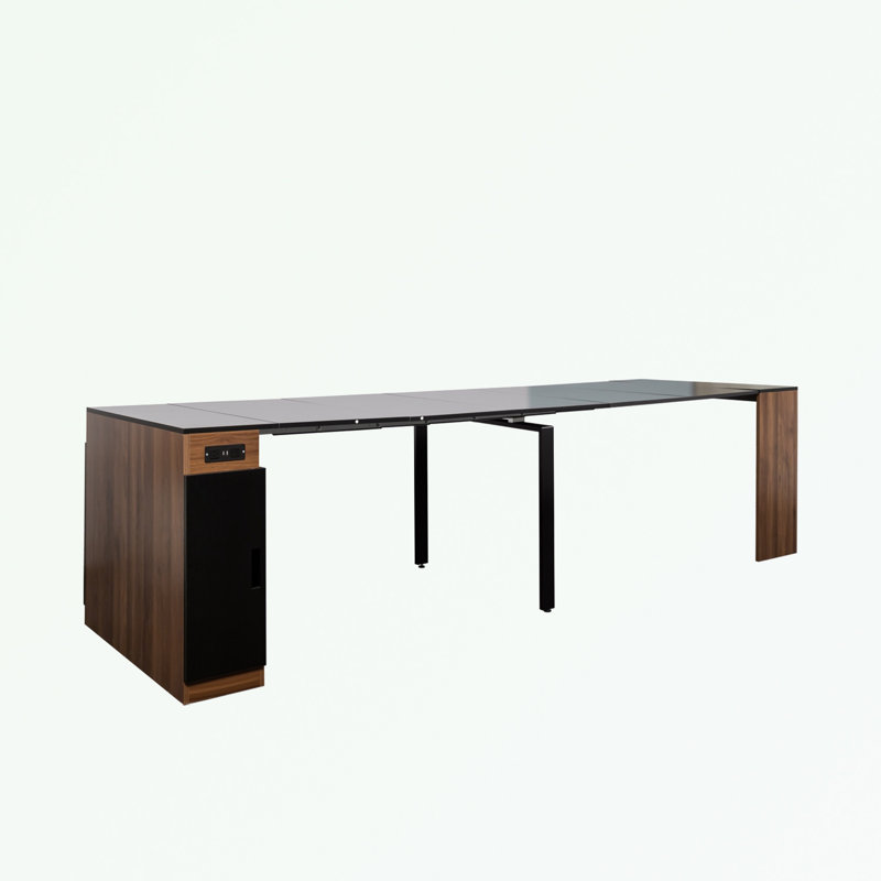 Table de salle à manger extensible avec prise et rangement, Noir, Noyer