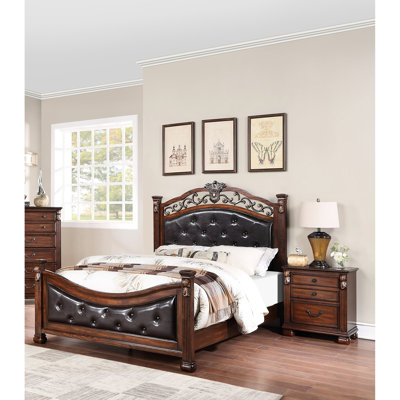 American Traditional King Bed With Dark Cherry Faux Leather Headboard And Luxury Size Finish Upholstery
