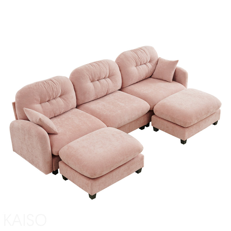 Canapé modulaire en U - repose-pieds, chenille de qualité supérieure, motif plissé matelassé - rose, 107" W