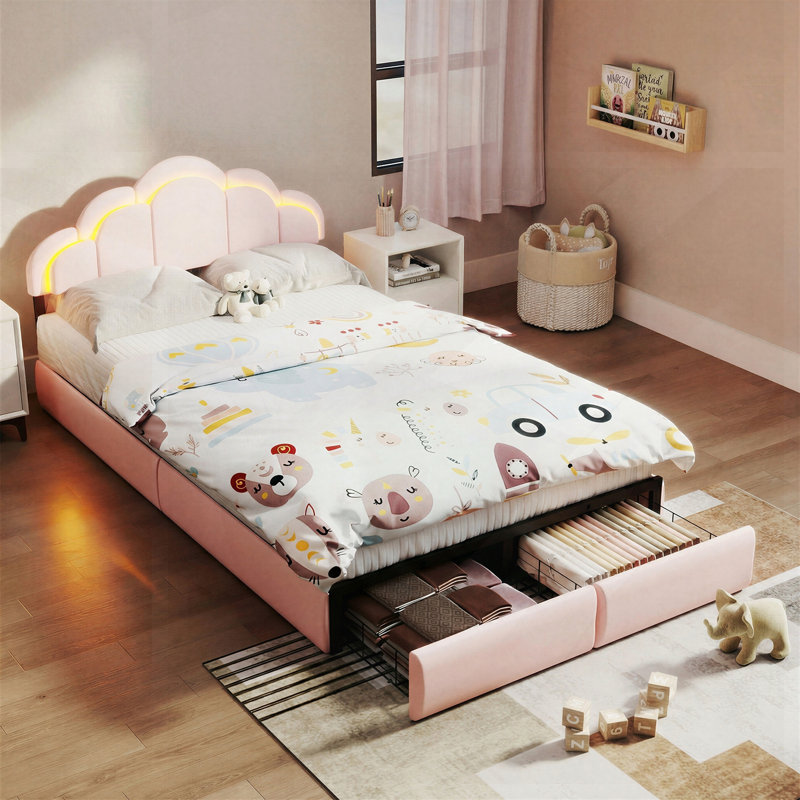Lit plateforme moderne en velours avec lumières à DEL RVB, tête de lit élégante à pétales et tiroirs de rangement sous le lit - aucun sommier requis