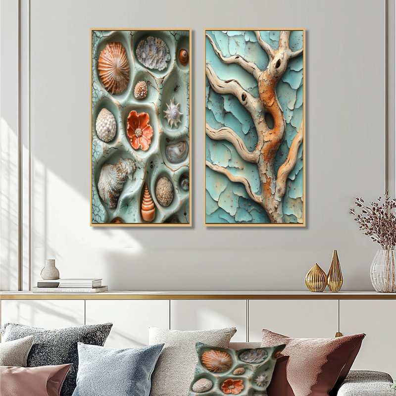 Beach Pottery in Orange and Green Tones I - Ensemble de 2 pièces d'art mural de poterie de plage, H 40 po x l 40 po