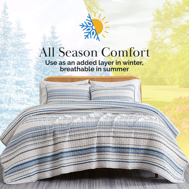 Ensemble de courtepointe réversible Coastal Stripes Collection, Courtepointe très grand + 2 couvre-oreillers stan, Bleu