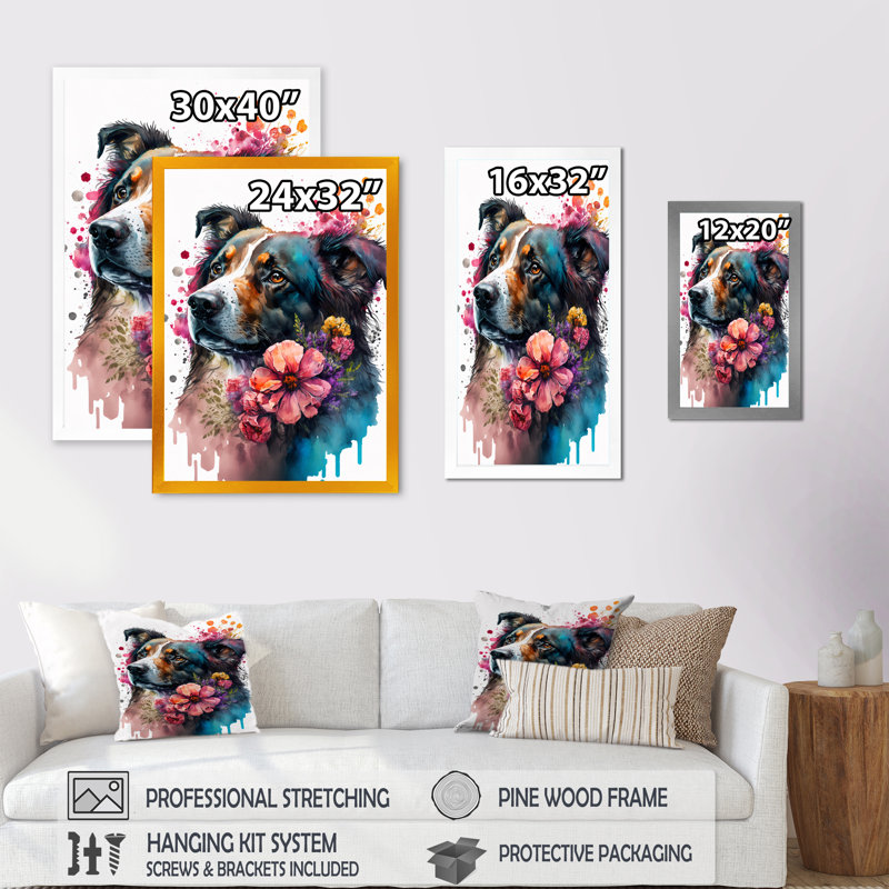 «Cute Dog Floral II», impression sur toile, Impression noire sur toile encadrée, H 20 po x l 12 po x P 1 po