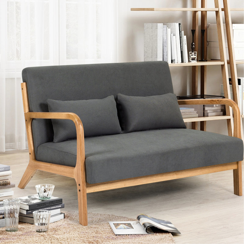 Chaise de loisirs Modern 2 avec pieds en bois massif, rembourrage en éponge, tissu de lin, accoudoirs et éponge de couleur gris foncé, gris respirant, aspect