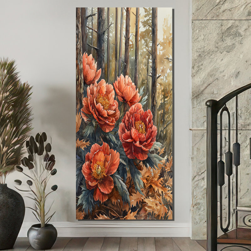 Pe pivoines parmi les pins d'automne I - pivoines, reproduction d'art sur toile encadrée, H 60 po x l 28 po, Toile tendue