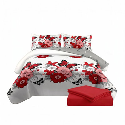 4-Piece Red Floral & Butterfly Queen Bedding Set (Queen/King/Cal King) - Microfiber Duvet Cover + Pillow Shams + Fitted Sheet