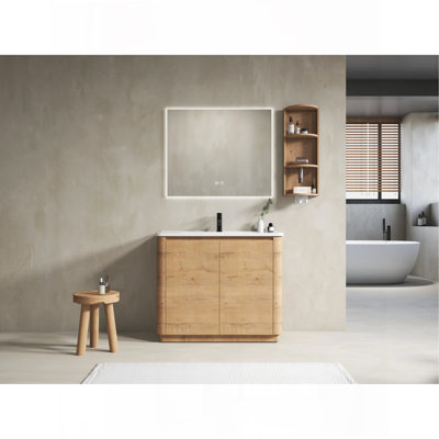 Meuble-lavabo autoportant de 40 po avec lavabo en céramique, 2 portes à fermeture douce et support de rangement, emballage KD, contreplaqué
