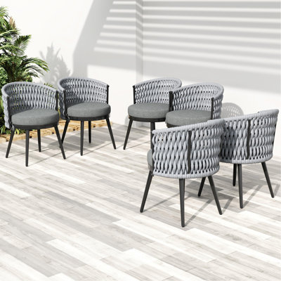 Chaises d'extérieur confortables avec structure en métal et coussins en corde grise, chaise de patio peu encombrante, corde rembourrée, facile à déplacer