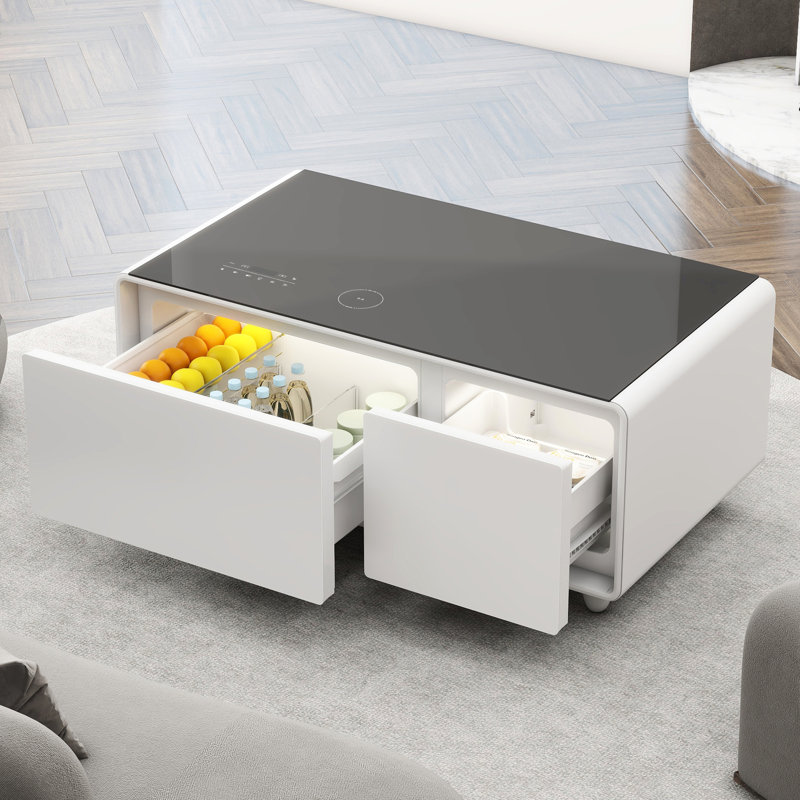 Modern Coffee Table With Refrigerated Drawers, Wireless Charging, Ports, Speaker, White Color, Removable Seal Smart Refrigerator, Atmosphere - Rectangular
